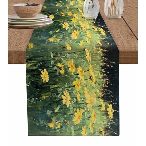ERUNPONLY Yellow Spring Floral Table Runner - 90 Inch Long Modern Abstract Art Oil Painting Cotton and Linen Blended Dress Scarves Farmhouse Table Runner for Kitchen Dining, Coffee Table, 13"x90"