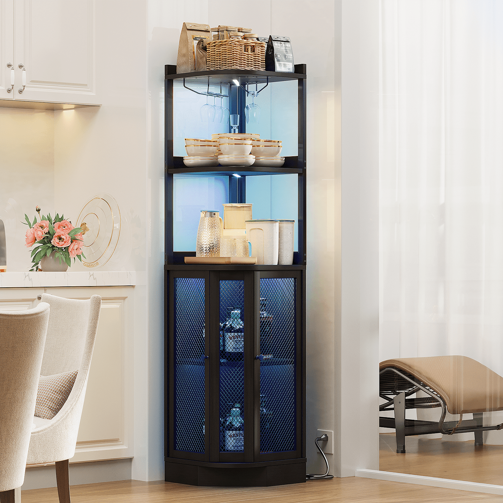 ERYTLLY 4 Tier Corner Bar Cabinet, Industrial Wine Cabinet with LED Lights, Glass Holder, Charging Station and Adjustable Shelf, Black