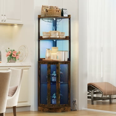 ERYTLLY 4 Tier Corner Bar Cabinet, Industrial Wine Cabinet with LED Lights, Glass Holder, Charging Station and Adjustable Shelf, Rustic Brown