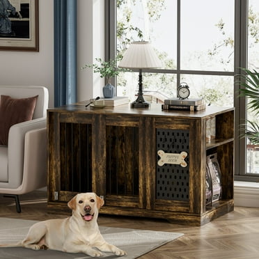 ERYTLLY Dog Crate Furniture, Wooden Dog Kennel for Medium Dogs Indoor with Storage Cabinet and Hidden Sliding Doors, Rustic Brown