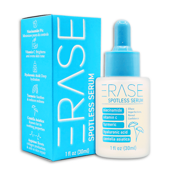ERase Spotless Serum - Vitamin C Serum for Dark Spots with Niacinamide 5%, Korean Skin Care, Proactive Acne Treatment For Face, Hyaluronic Acid Hydration, Soothing Turmeric & Centella Asiatica, 1fl o