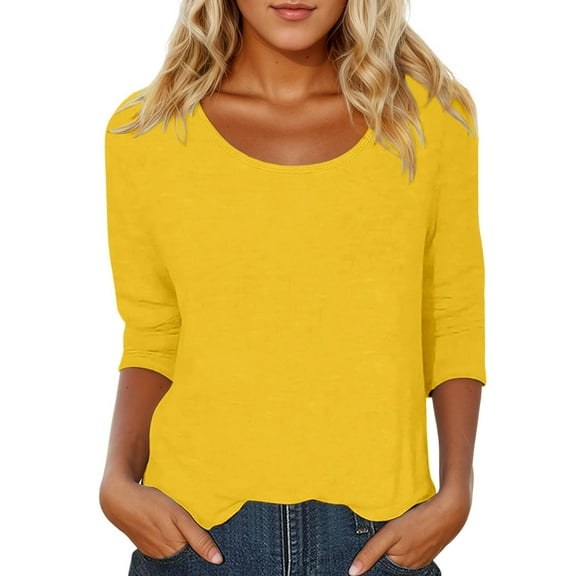 ERkkoi 3/4 Length Sleeve Womens Tops Casual Loose Fit Crewneck T Shirts Cute Solid Three Quarter Length Tunic Tops Yellow XXL