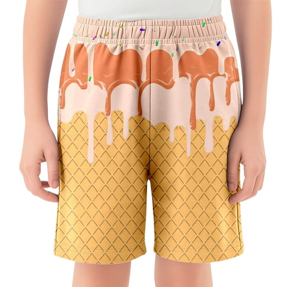 ERkkoi Boy's Summer Shorts Ice Cream Graphic Boho Paisley Print Kids Drawstring High Waisted Shorts with Pockets Orange 5-6 Years