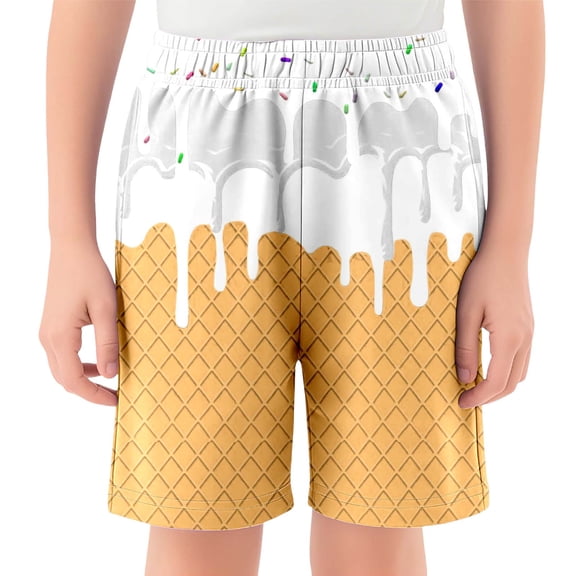 ERkkoi Boy's Summer Shorts Ice Cream Graphic Boho Paisley Print Kids Drawstring High Waisted Shorts with Pockets White 13-14 Years