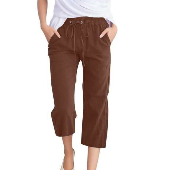 ERkkoi Capri Pants for Women High Waisted Relaxed Fit Elastic Knit Waist Casual Capris Trousers Cropped Pants Brown M