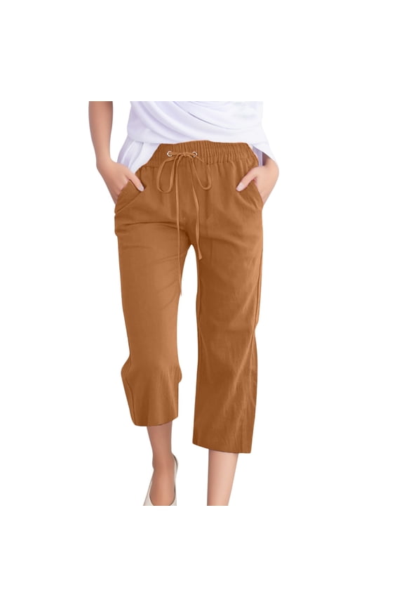 Capri Pants for Women High Waisted Relaxed Fit Elastic Knit Waist Casual Capris Trousers Cropped Pants Coffee S