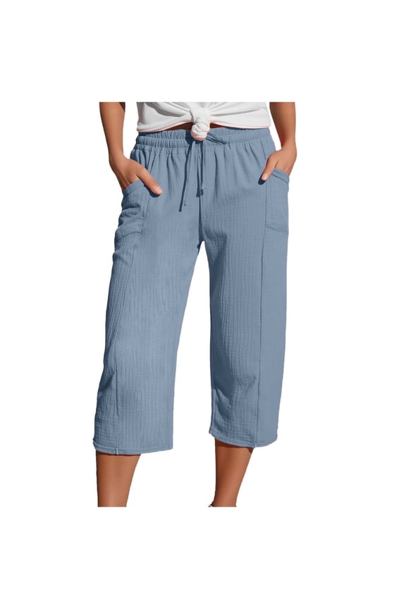 Cargo Capri Pants for Women High Waisted Relaxed Fit Elastic Knit Waist Casual Capris Trousers Cropped Pants Blue XL