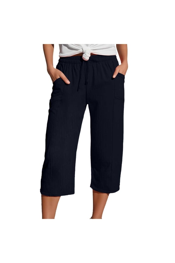 Cargo Capri Pants for Women High Waisted Relaxed Fit Elastic Knit Waist Casual Capris Trousers Cropped Pants Navy L