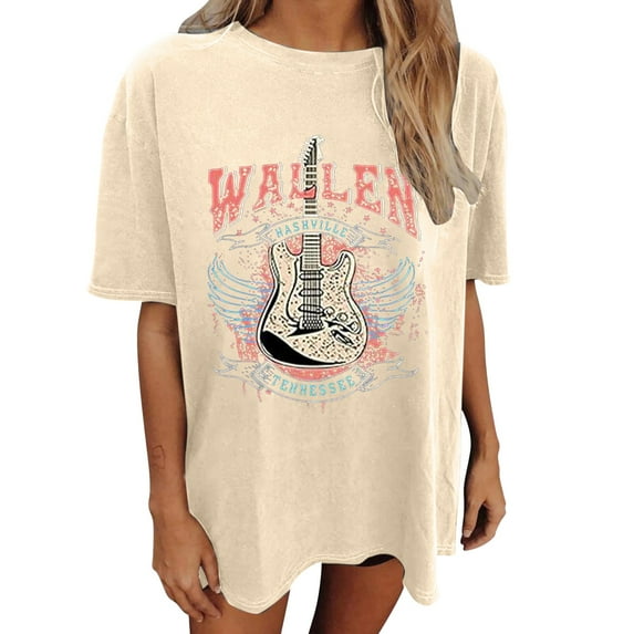 ERkkoi Country Concert Music T Shirts for Women Guitar Eagle Wing Graphic Short Sleeve Vintage Casual Girl Tee Tops Beige L