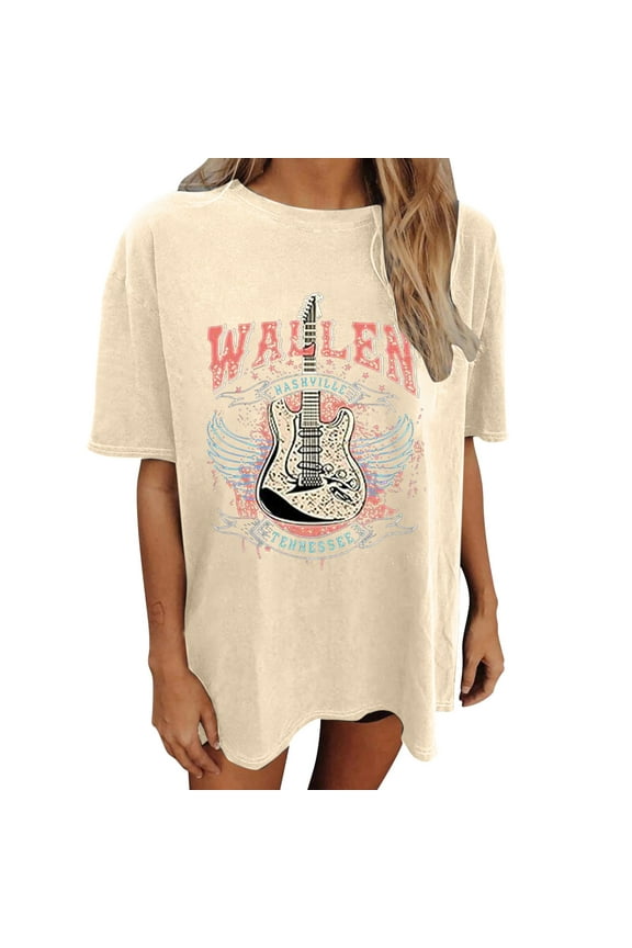 Country Concert Music T Shirts for Women Guitar Eagle Wing Graphic Short Sleeve Vintage Casual Girl Tee Tops Beige L