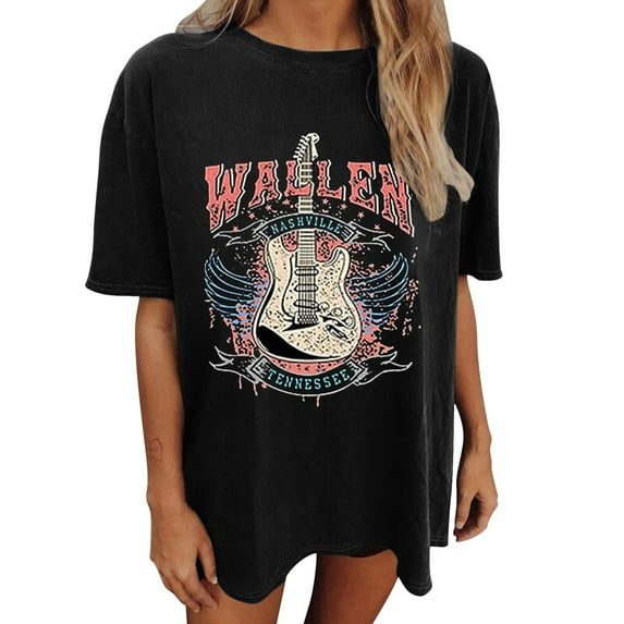 ERkkoi Country Concert Music T Shirts for Women Guitar Eagle Wing Graphic Short Sleeve Vintage Casual Girl Tee Tops Black XL