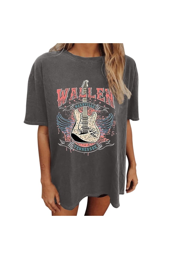 Country Concert Music T Shirts for Women Guitar Eagle Wing Graphic Short Sleeve Vintage Casual Girl Tee Tops Grey L