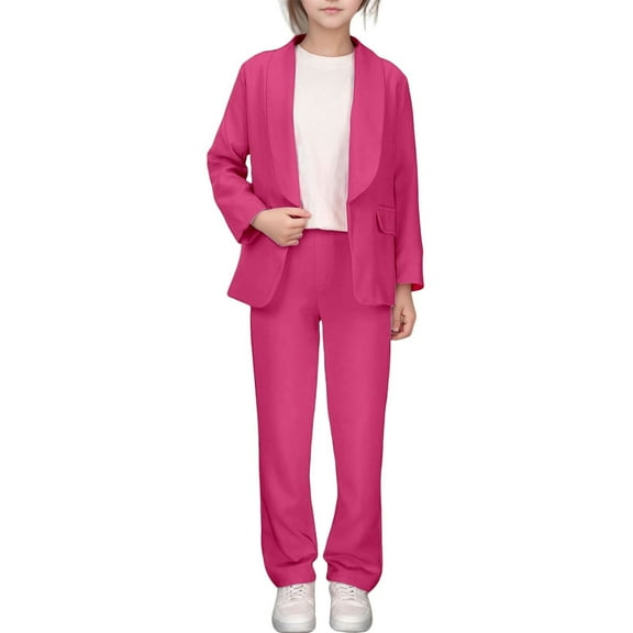 ERkkoi Girls Formal Suits 2 Piece Outfits Button Front Long Sleeve Lapel Collar Blazer and Dress Pants Suit Sets Hot Pink 9-10 Years