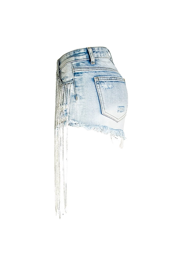 Jean Shorts For Womens Denim Shorts Bar Bundy Tassels Wide Leg Long Fringe Drill Chain Summer Womens Shorts Jean Light Blue XL