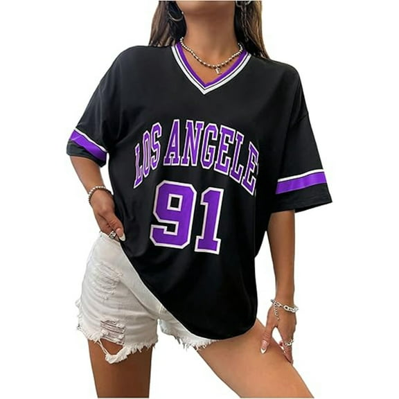ERkkoi Shirts for Women Y2k Graphic Number Oversized Tees V Neck Half Sleeve Cute Soccer Streetwear T Shirt Tops Purple S