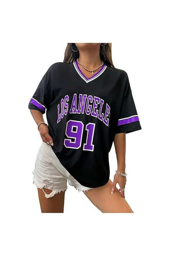 Shirts for Women Y2k Graphic Number Oversized Tees V Neck Half Sleeve Cute Soccer Streetwear T Shirt Tops Purple XXL