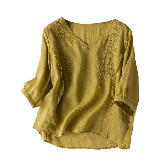 ERkkoi Linen Shirts for Women Summer Floral Embroidery 3/4 Sleeve Crew Neck Tops Blouses Yellow M