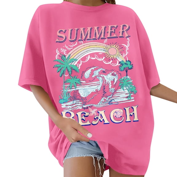ERkkoi Oversized Graphic Tees for Women Trendy Cute Summer Tops Crew Neck Short Sleeve Loose Fit Casual T Shirts Hot Pink M