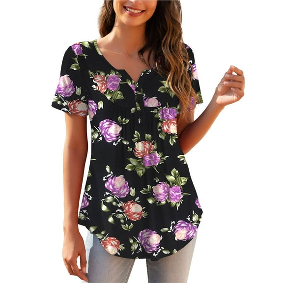 ERkkoi Oversized Tshirts For Women Casual Shirts Plus Size Tunic Short Sleeve Floral M 4Xl Cute Summer Tops For Women 2025 Trendy Purple XL