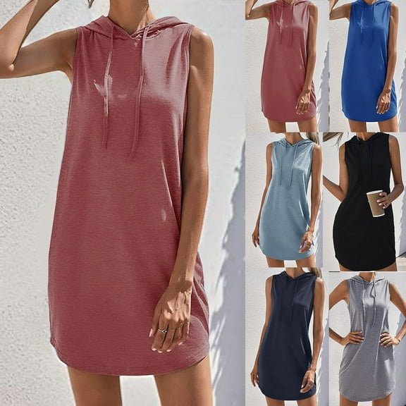 ERkkoi Plus Size Womens Summer Dresses Casual Soli Drawstring Sleeveless Hooded Sundresses For Women BU1 S