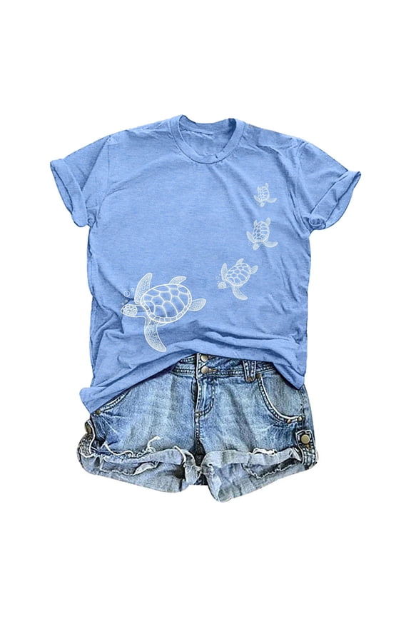 Sea Turtle T Shirts for Women Beach Graphic Funny Animal Print Shirt Hawaiian Casual Vacation Top Light Blue L