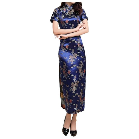 ERkkoi Summer Dresses For Women 2025 Elegant Classy Vintage Chinese Cheongsam Embroidered Short Sleeve Long Length Traditional Qipao Casual Vacation Sun Dress Dark Blue XXL