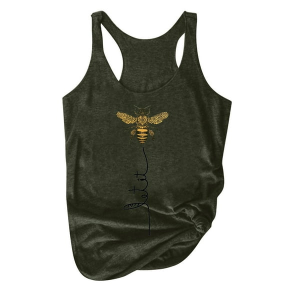 ERkkoi Summer Tops for Womens Graphic Tank Tops Casual Size Print Round Plus Sleeveless Neck Womens Vacation Tank Camisole Army Green XXL
