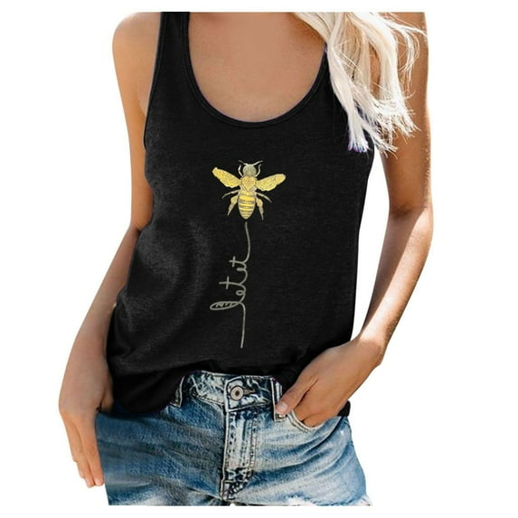 ERkkoi Summer Tops for Womens Graphic Tank Tops Casual Size Print Round Plus Sleeveless Neck Womens Vacation Tank Camisole Black XL