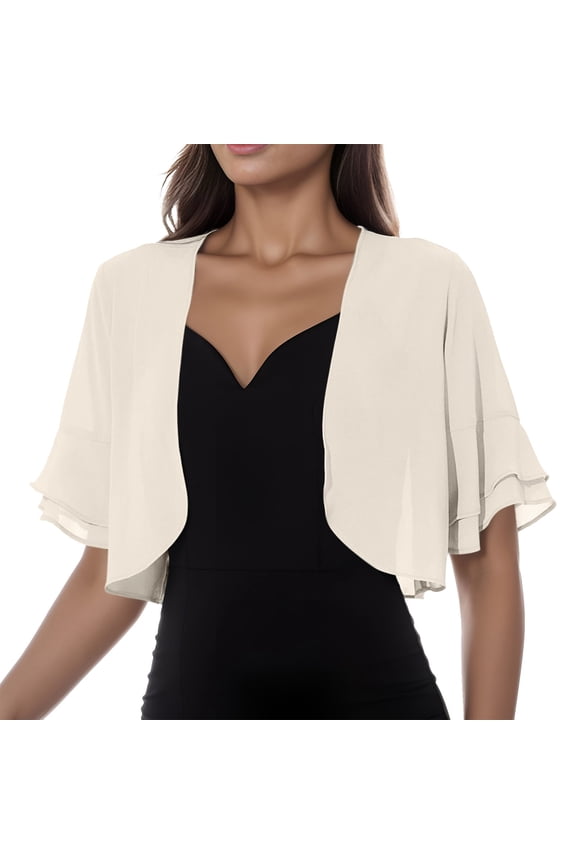 Women Shrug Soft Chiffon Open Front Sheer 3/4 Sleeve Bolero Cardigan for Evening Dress Beige S