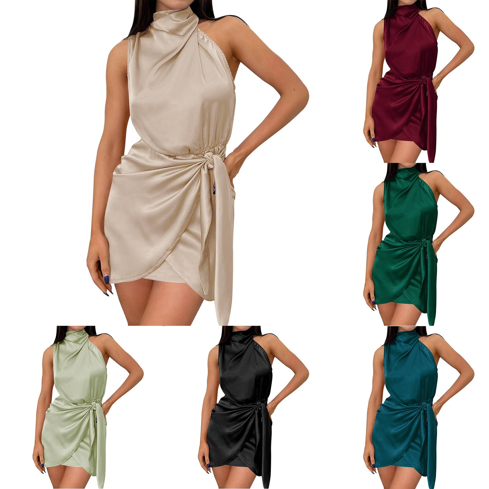 ERkkoi Women's Satin Mini Dress Elegant Sleeveless Neck Formal Summer ...