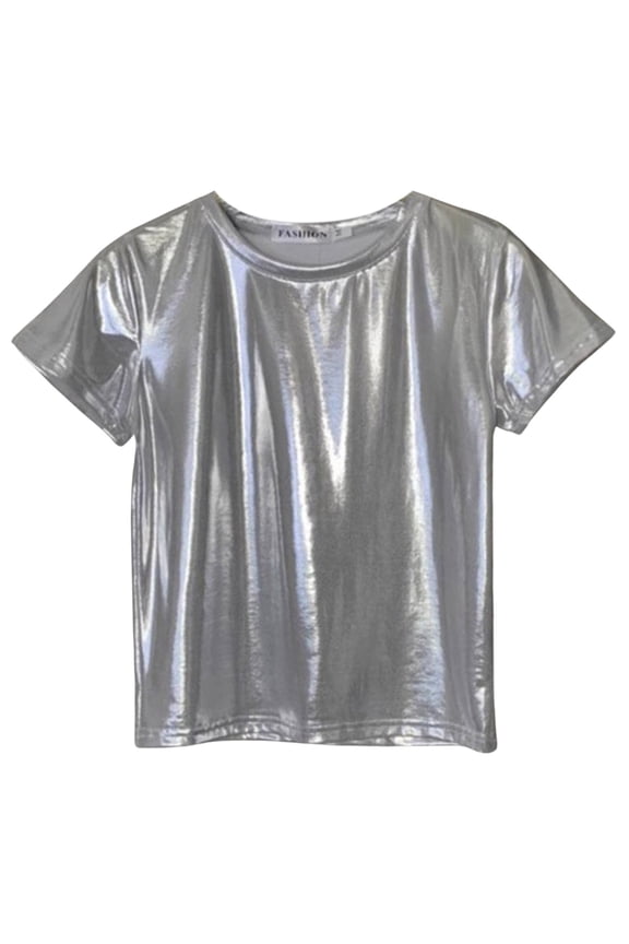 Women's T-Shirts Shiny Tops Holographic Metallic Shirt Shimmer Glitter Sparkle Party Disco Tee Shirt Blouse Silver M