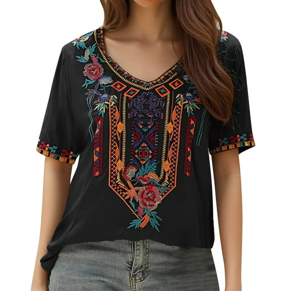 ERkkoi Womens Mexican Embroidered Tops Short Sleeve Fiesta Shirts Floral Peasant Blouses Black L