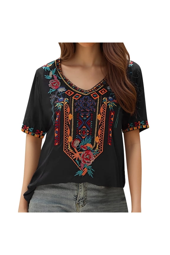 Womens Mexican Embroidered Tops Short Sleeve Fiesta Shirts Floral Peasant Blouses Black XL