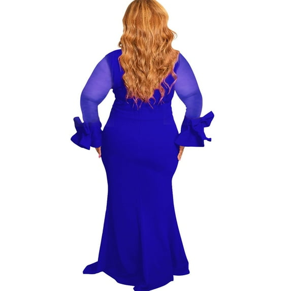 ERkkoi Womens Plus Size Summer Dresses Patchwork Fashion Mesh Sleeve Long Casual Solid Crew Neck A Line Summer Dresses For Women 2025 Blue XXXL