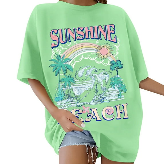 ERkkoi Womens T Shirts Loose Fit Summer Tops Casual Crew Neck Short Sleeve Oversized Graphic Tees for Women T-Shirts Light Green S