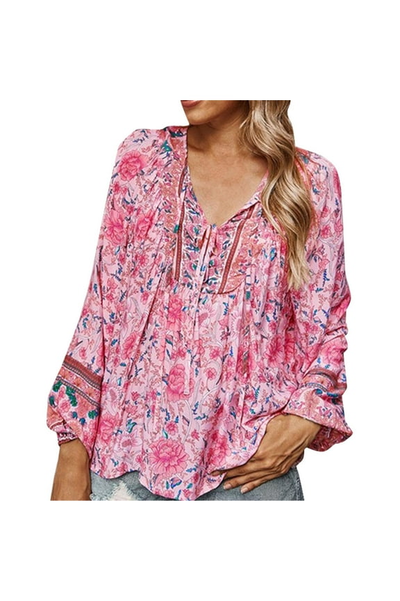 Womens Tops Boho Floral Tunics Fiesta Shirts Peasant Hippie Clothes Traditional Bohemian Blouses Pink M