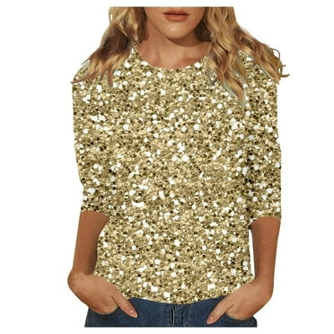ERkkoi Womens Tops Casual Summer Shirts 2025 Trendy Sparkling Sequin Printed 3/4 Sleeve Festival Carnival And Party Wear Comfy Women Blouses Soft T-Shirts Gold L