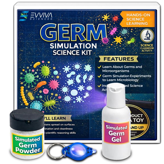 ES EVVIVA SCIENCES Germ Simulation Science Kit Glow-in-the-Dark Powder & Gel - Blacklight Reactive Demonstration - Classroom Lab Activity - Ages 16+ - Simulates Transfer on Hands & Surfaces