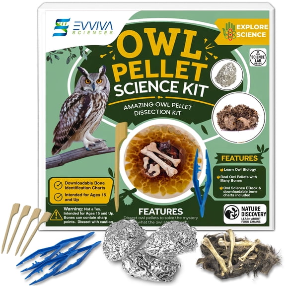 ES EVVIVA SCIENCES Owl Pellet Kit - Dissect 4 Real Owl Pellets w/Tools & PDF Bone Charts - Science Education Kit for Ages 15+ - Hands-On Animal Biology Science Lab Activity - Includes Owl eBook