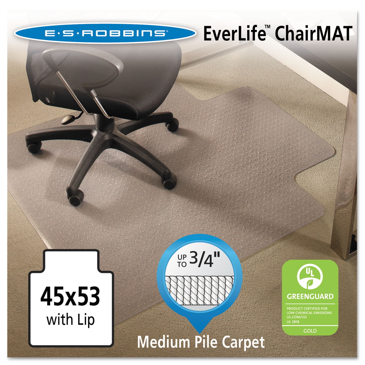 ES Robbins EverLife 45 x 53 Chair Mat for Medium Pile Carpet, Rectangular with Lip