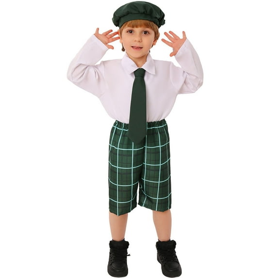 ESASSALY Boy Irish Festival Costume Set Plaid Short Pants with Hat and Tie