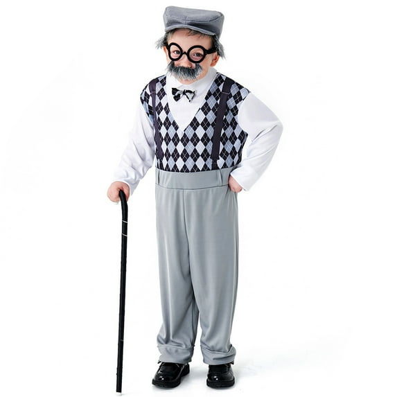 ESASSALY Boys Old Man Outfit Long Sleeve Plaid Jumpsuit with Hat Glasses Beard