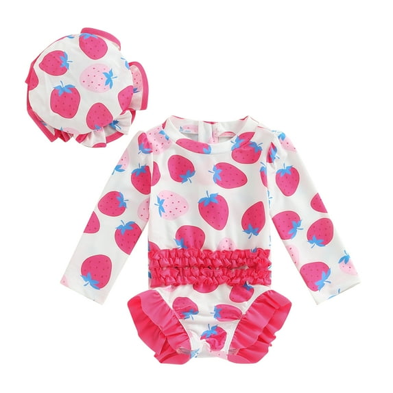 ESASSALY Infant Baby Girl Long Sleeve Rash Guard Zip Up Strawberry One Piece Swimsuit with Hat Bathing Suit