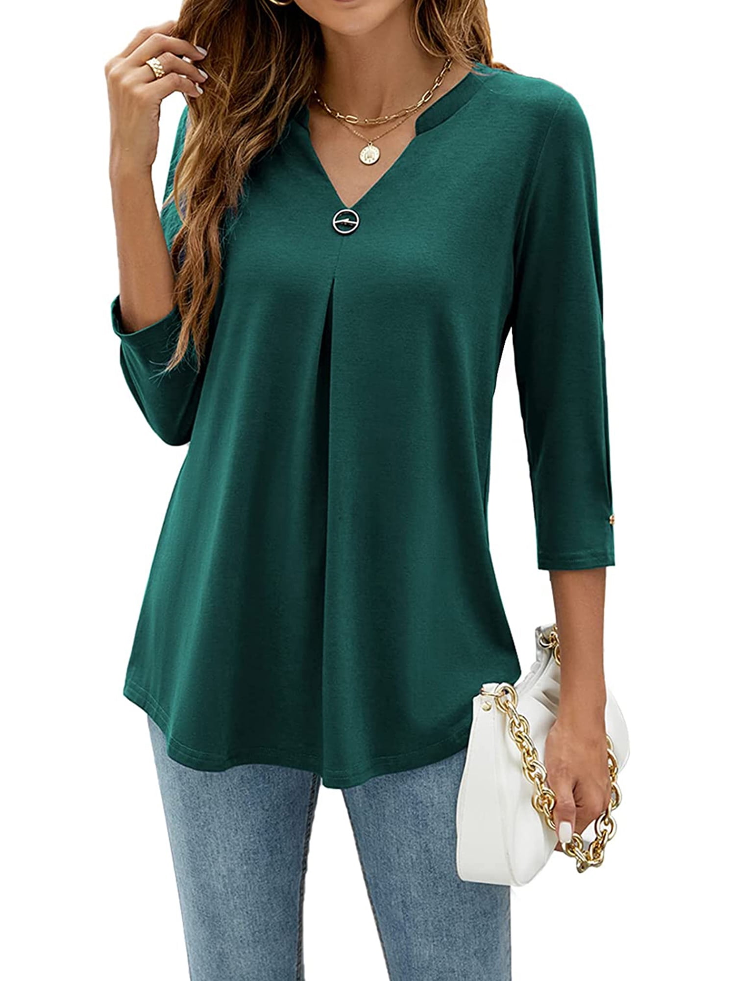 ESASSALY Women 3/4 Sleeve V-Neck Blouses Button-down ShirtsTops Spring ...