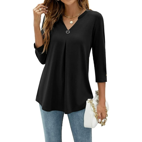 ESASSALY Women 3/4 Sleeve V-Neck Blouses Button-down ShirtsTops Spring Loose Casual Shirts Streetwear
