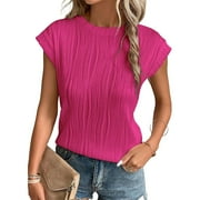 ESASSALYY Summer Womens Short Sleeve Textured Tops Crewneck Knit Solid Loose Casual Tee Blouses