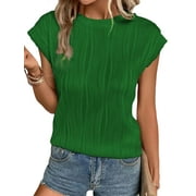 ESASSALYY Summer Womens Short Sleeve Textured Tops Crewneck Knit Solid Loose Casual Tee Blouses