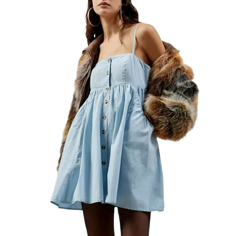 ESASSALYY Women s Babydoll Mini Dress Spaghetti Strap Button Front A Line Dress with Pockets Walmart