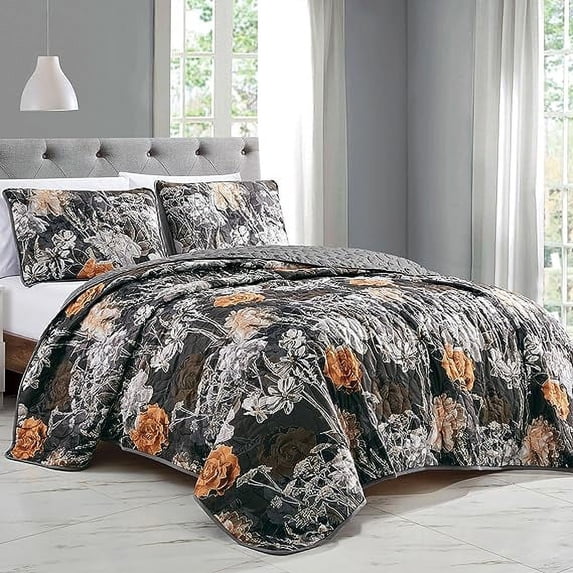 ESCA 3-Piece Floral Black Orange Helbah Reversible Quilt Set - King/Cal King