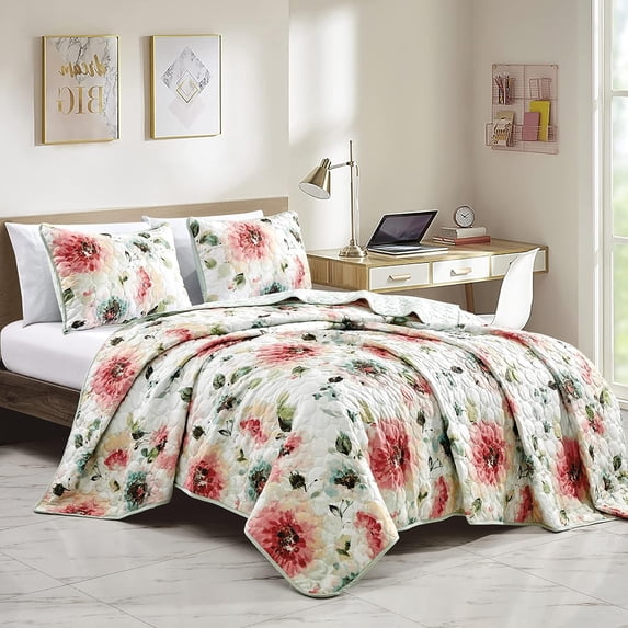 ESCA 3-Piece Pastel Watercolor Peony Floral Design LAHJA Reversible Quilt Set - Queen
